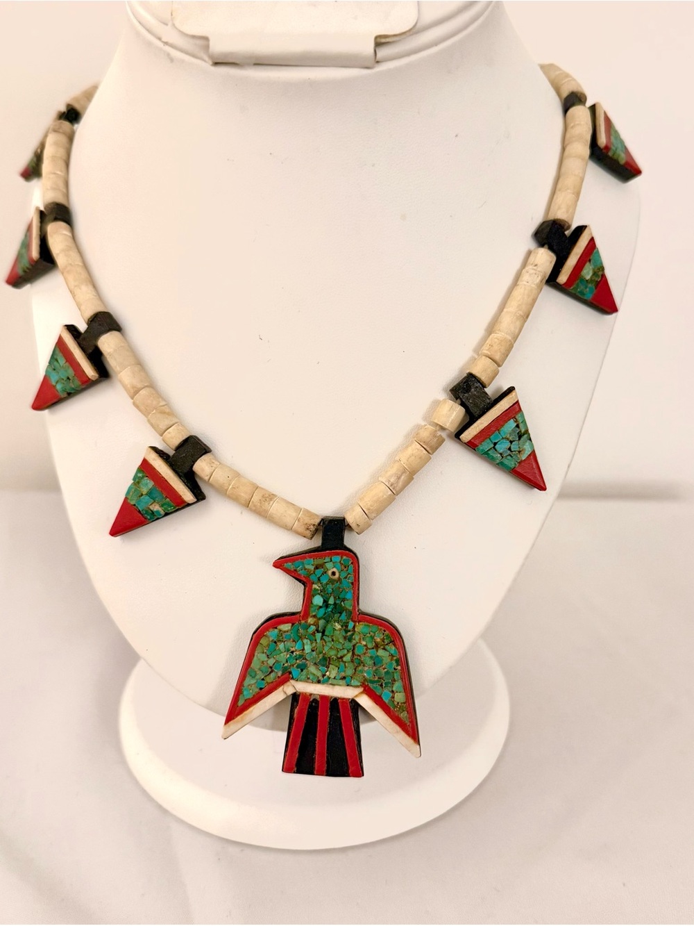 Southwestern Thunderbird Turquoise Mosaic Inlay Heishi Necklace 24" Statement